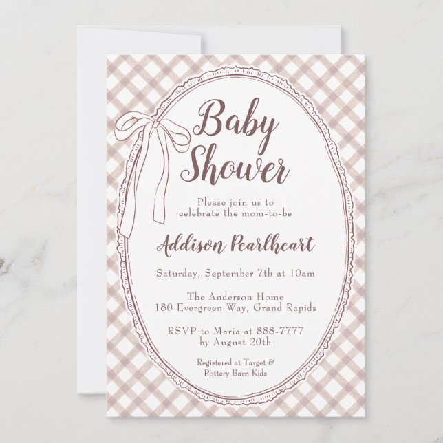 Convites 013 Chocolate Antigo Renda Xadrez Baby Shower (Frente)
