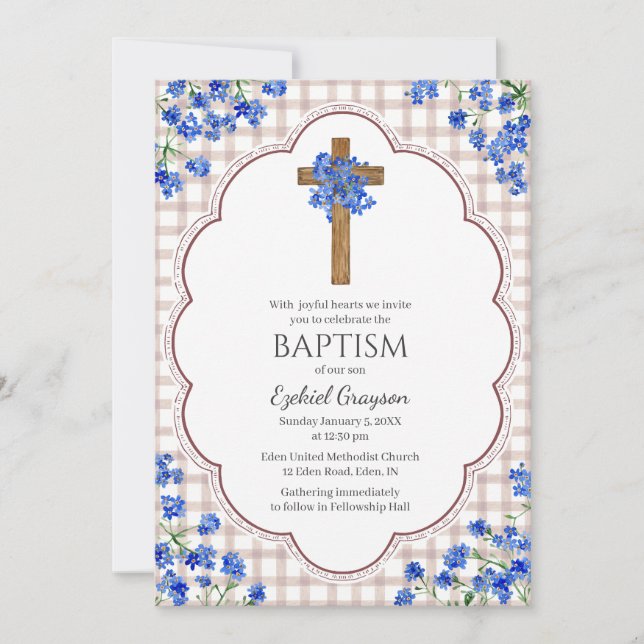 Convites 013 Chocolate Blossom Rustic Cross Design Baptism (Frente)
