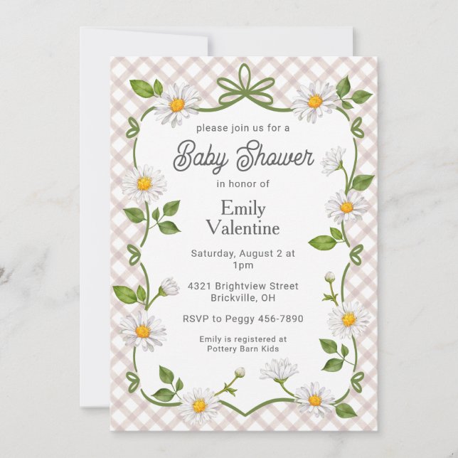 Convites 013 Chocolate Brown Floral Daisy Plaid Baby Shower (Frente)