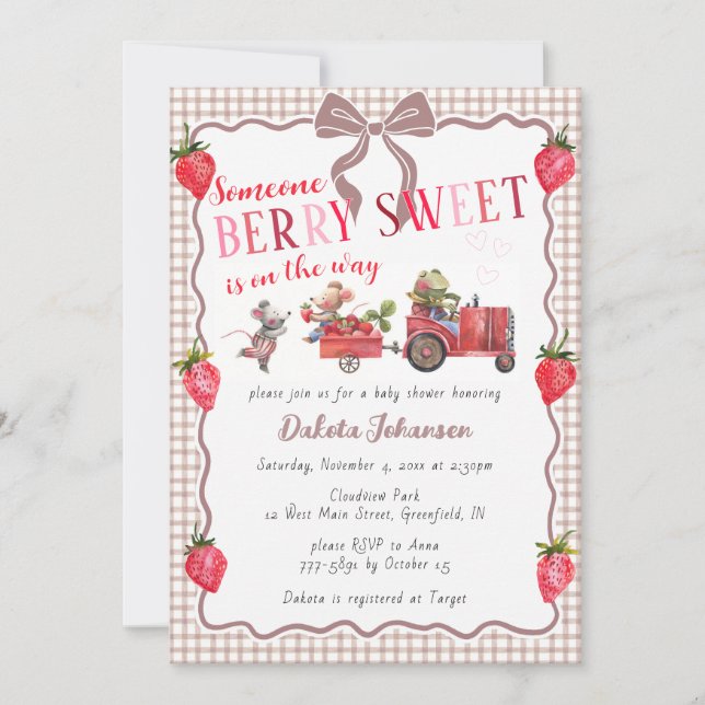 Convites 013 Chocolate Gingham Berry Sweet Farm Chá de Bebê (Frente)