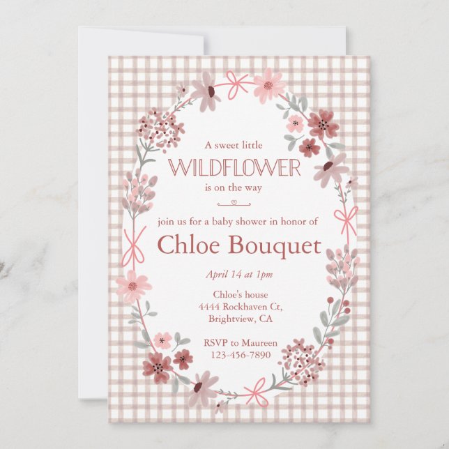 Convites 013 Chocolate Wildflower Arco Gingham Chá de Bebê (Frente)
