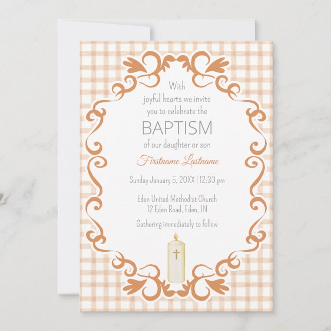 Convites 014 Latte Tan Scroll Gingham Cross Candle Baptism (Frente)