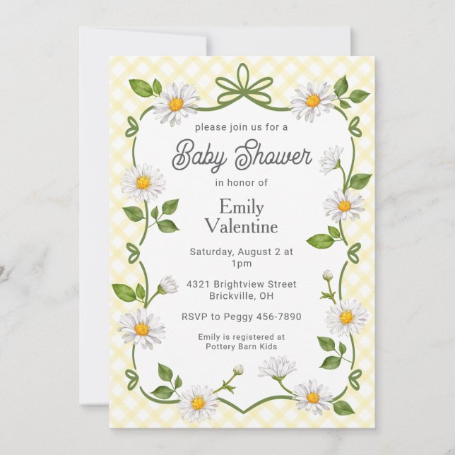 Convites 015 Lemon Daisy Plaid Baby Shower (Frente)