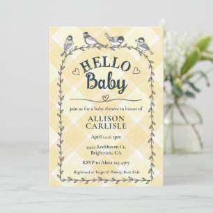 Convites 016 Marigold Aquarela Xadrez Aves Baby Shower