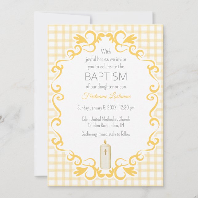 Convites 016 Marigold Scroll Gingham Cross Candle Baptism (Frente)