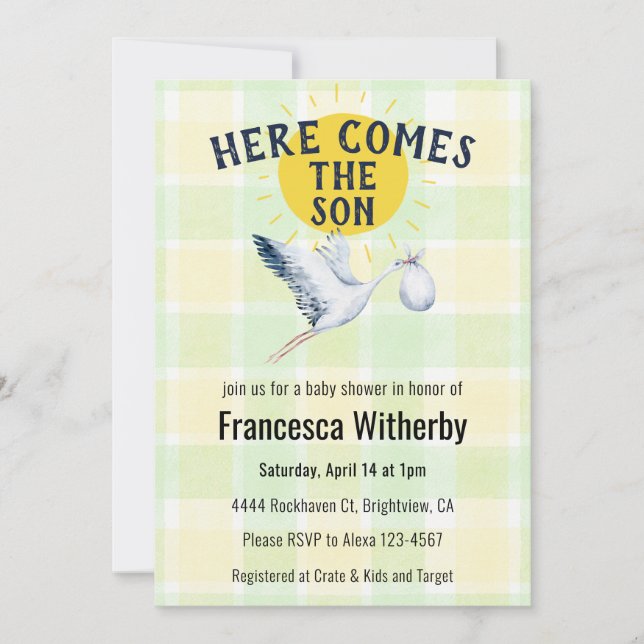 Convites 017 Moss Gingham Plaid Stork Boho Baby Shower (Frente)
