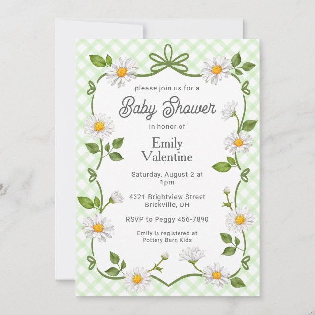 Convites 017 Moss Green Floral Daisy Plaid Baby Shower (Frente)