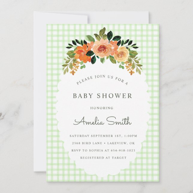 Convites 017 Moss Green Gingham Baby Shower Invitations (Frente)