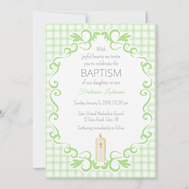 Convites 017 Moss Green Scroll Gingham Cross Candle Baptism (Frente)