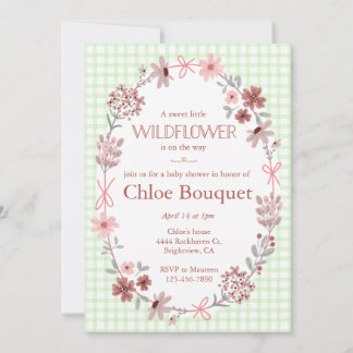 Convites 017 Moss Green Wildflower Bow Gingham Baby Shower