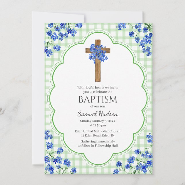 Convites 018 Grass Blossom Rustic Cross Design Baptism (Frente)