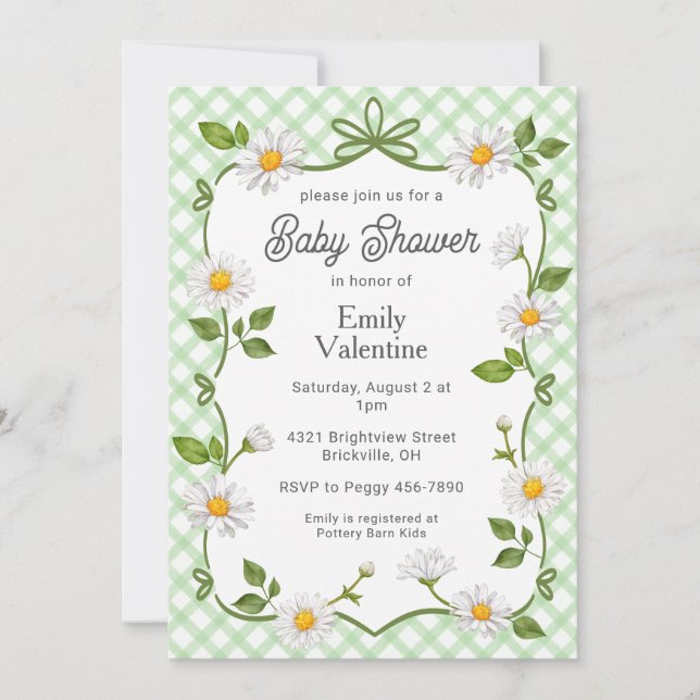 Convites 018 Grass Green Floral Daisy Plaid Baby Shower (Frente)