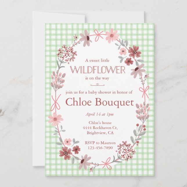 Convites 018 Grass Green Wildflower Bow Gingham Baby Shower (Frente)