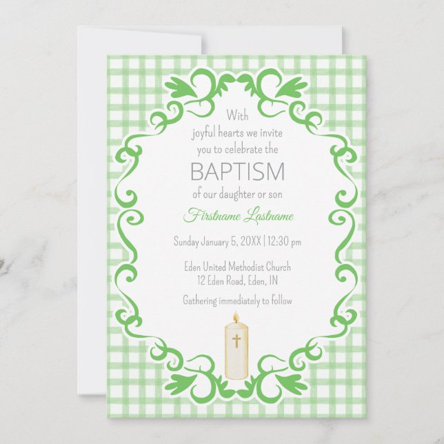 Convites 018 Grass Scroll Gingham Cross Candle Baptism (Frente)