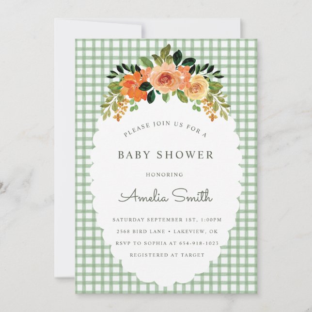 Convites 019 Forest Green Gingham Baby Shower Invitations (Frente)