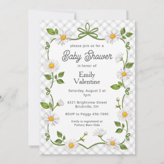 Convites 020 Fog Grey Floral Daisy Plaid Baby Shower