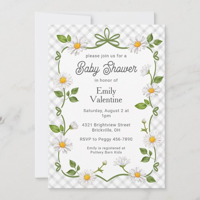 Convites 020 Fog Grey Floral Daisy Plaid Baby Shower (Frente)