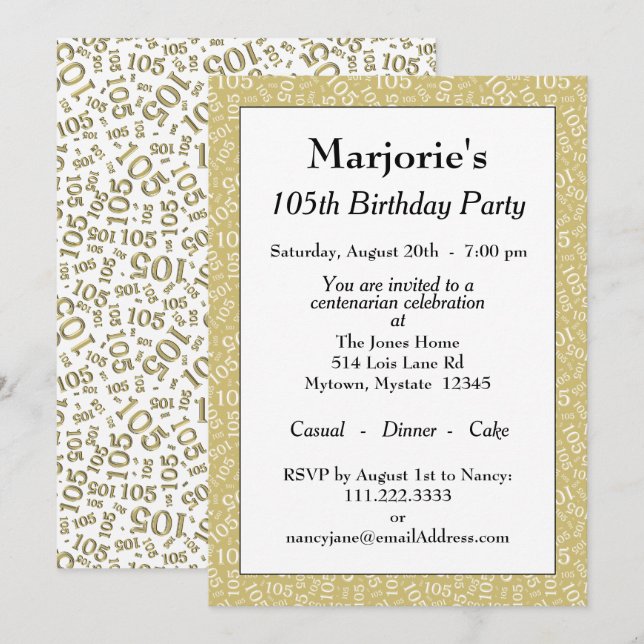 Convites 05º Padrão de número branco/Dourado da Festa de an (Frente/Verso)