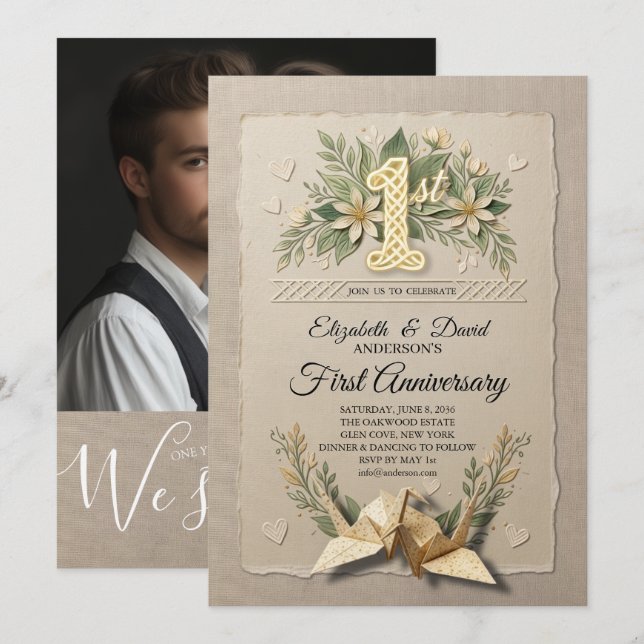 Convites 1º Aniversário de Casamento em Papel Corte de Grou (Frente/Verso)