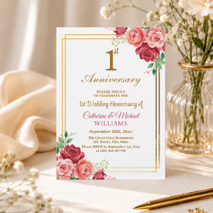 Convites 1º Aniversário de Casamento Moldura Dourada Floral