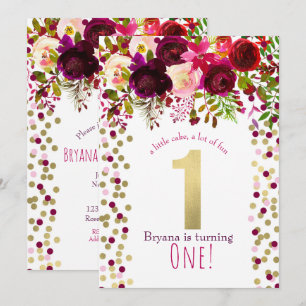 Convites 1º Aniversário Dourado Burgundy Floral Ousado