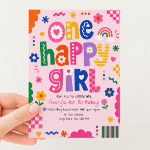 Convites 1º Aniversário Uma Menina Feliz Cores Vibrantes