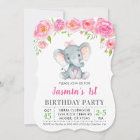 1º Primeiro Aniversário Menina Floral Elefante Ros