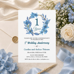 Convites 1º Surpresa Floral Azul de Aniversário de Casament