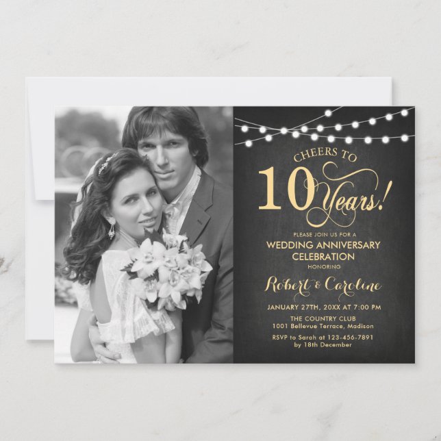 Convites 10º Aniversário com Foto - Quadro Negro Dourado (Frente)
