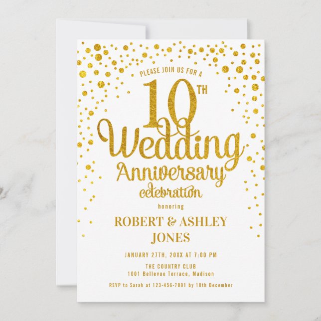 Convites 10º Aniversário de Casamento - Dourado e Branco (Frente)