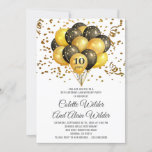 Convites 10º Aniversário de Casamento Dourado e Preto em Br<br><div class="desc">Um elegante balões de ouro festivo e preto em branco, 10 anos de casamento, convite com balões de ouro e negros e confete com tipografia de escrita branca contrastando com o tipo clássico de serifa de sans. Este convite tem um talento festivo com forte contraste e estilo moderno. personalize para...</div>