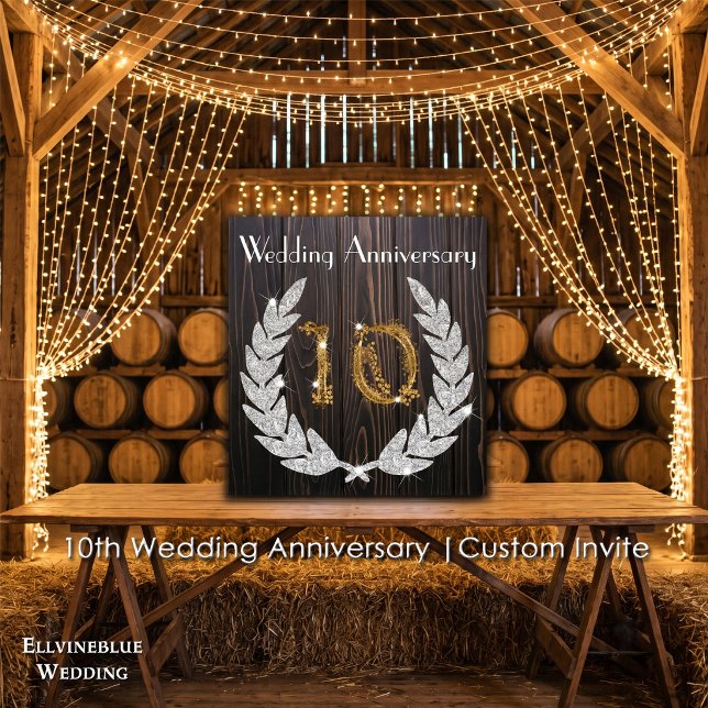Convites 10º Aniversário de Casamento | Madeira Rústica & D (10th Wedding Anniversary Invite | Rustic Wood & Diamond Laurel. Size: 5.25” x 5.25”)
