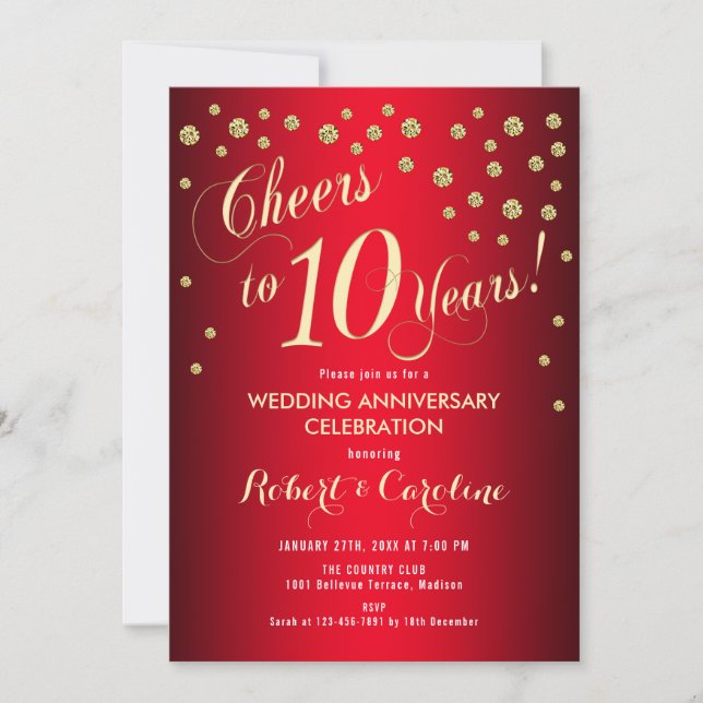 Convites 10º Aniversário de Casamento - Vermelho & Dourado (Frente)