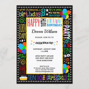 Convites 10º aniversário do Diversão Cor Texto Louco no 