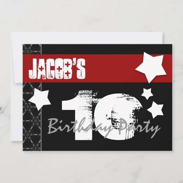 Convites 10º Aniversário Moderno Para Ele, Vermelho Branco  (Frente)