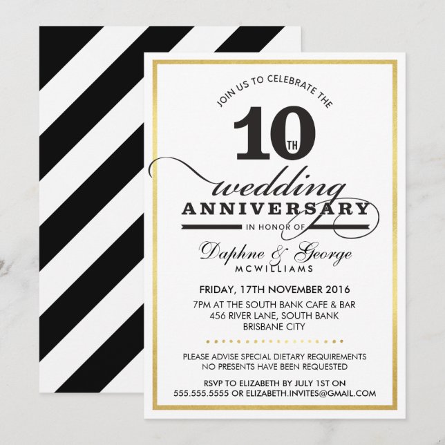 Convites 10º ANIVERSÁRIO, na moda de ouro preto (Frente/Verso)
