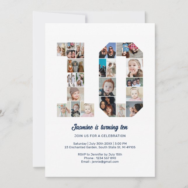 Convites 10º Aniversário Número 10 Colagem Personalizada de (Frente)