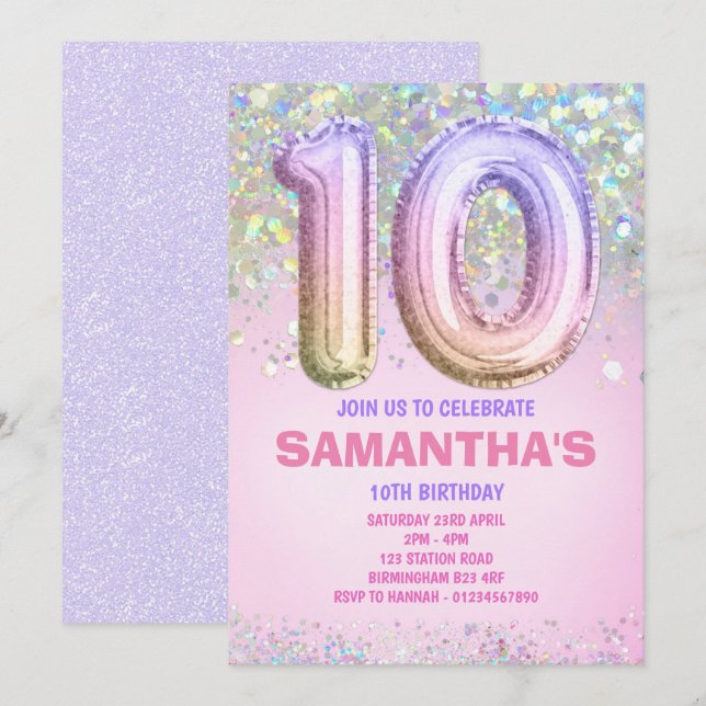 Convites 10º aniversário, Rainbow Glitter Birthday (Frente/Verso)