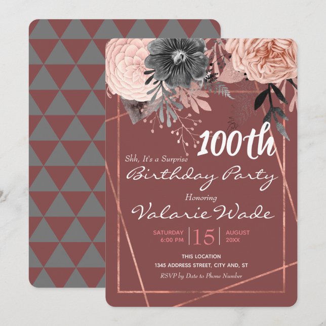 Convites 100ª Festa de aniversário de rosas rosa (Frente/Verso)