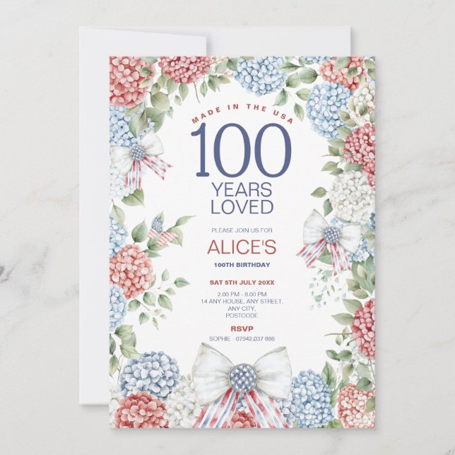 Convites 100ª Festa de aniversário, Vermelho Branco e Azul, (Frente)