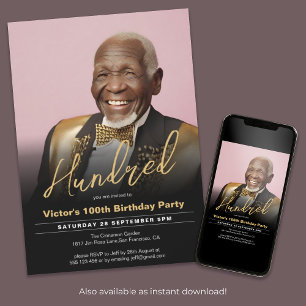 Convites 100º aniversário Foto mínima moderna Dourada negra