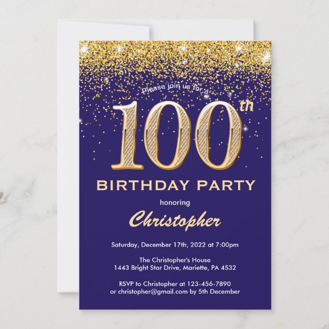 Convites 100º Aniversário, Marinho Azul e Dourado Confetti (Frente)