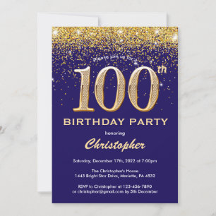 Convites 100º Aniversário, Marinho Azul e Dourado Confetti