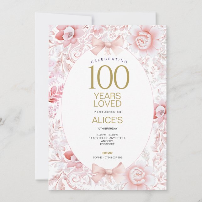 Convites 100º Aniversário Mulheres com Toile Floral Rosa (Frente)