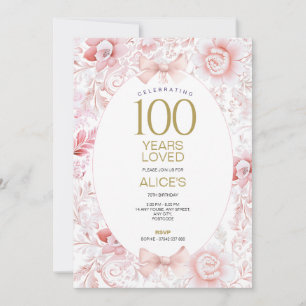Convites 100º Aniversário Mulheres com Toile Floral Rosa