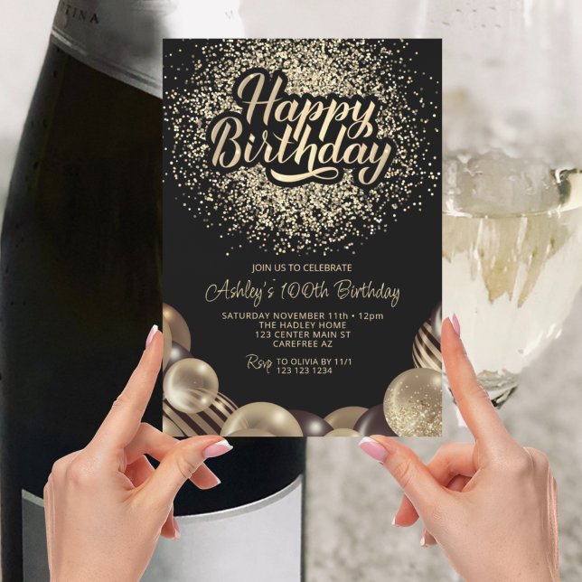 Convites 100º aniversário preto e Dourado (Criador carregado)