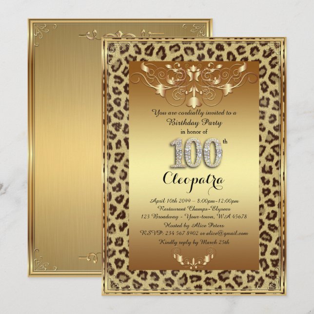 Convites 100º,Festa de aniversário 100º, Royal Cheetah gold (Frente/Verso)