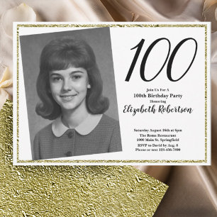 Convites 100º Foto Personalizada Branco e Dourado
