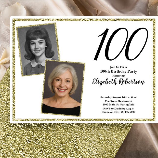 Convites 100º Foto Personalizada Branco e Dourado  (Criador carregado)