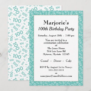 Convites 100º Padrão de Número Branco/Teal de Festa de a